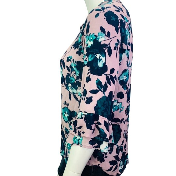 J. Jill Womens Blouse Mauve Beautiful Blooms Top Bell Sleeve Rayon Size L - Picture 9 of 12
